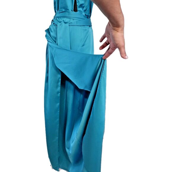 New! Show me your MuMu -Adele Halter Turquoise Maxi Dress - Teal Luxe Satin XXL - Picture 7 of 9
